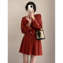 小香风红色过年两件套女秋冬搭配一整套气质短外套百褶半身裙套装