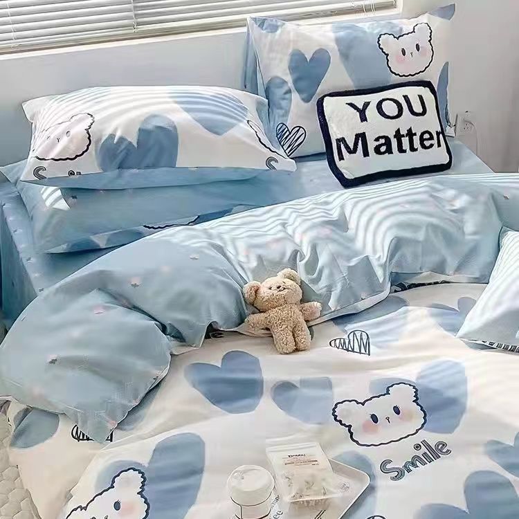 Cartoon Cat Plaid Four-Piece Set Washed Cotton Quilt Cover Beddings Quilt Cover Bed Sheet Student Dormitory Three-Piece Set