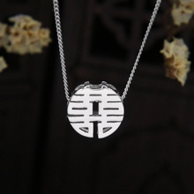 S925纯银双喜字项链女潮复古时尚气质泰银个性中国风设计感锁骨链