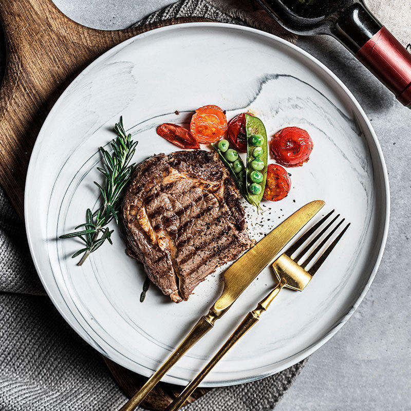 大理石纹简约清新阿尔卑斯牛排盘光滑釉面细腻质感高级感牛排盘