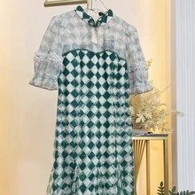电影时装同款绿色格纹中式改良旗袍连衣裙