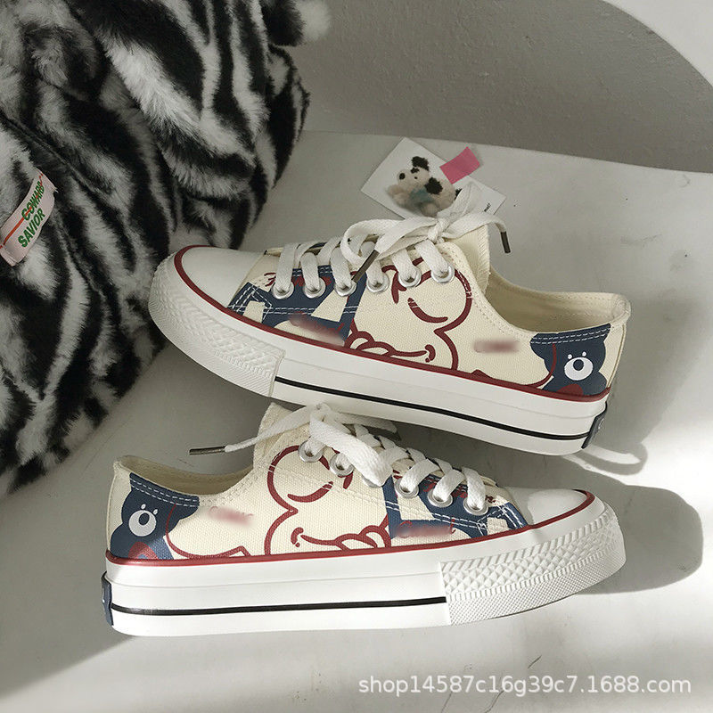 Korean Style Cute Bear Canvas Shoes for Women 2022 New Spring and Summer Versatile Student Casual Flat Sneakers Fashion