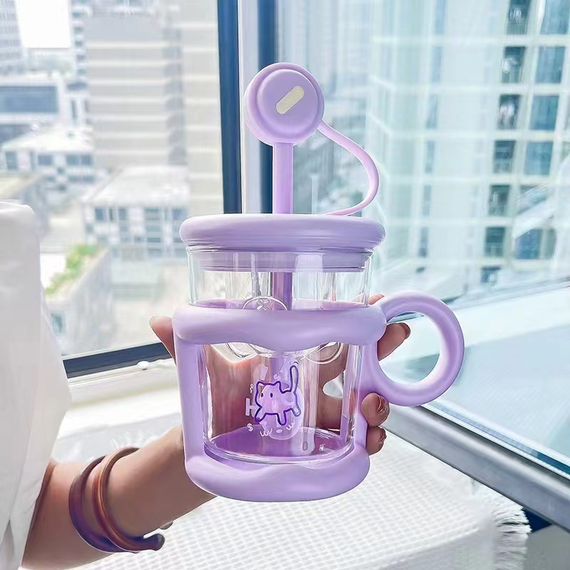Ws Glass Water Cup Ins Niche Office with Tea Infuser Drinking Cup New Cup with Straw Blending Cup High Boron