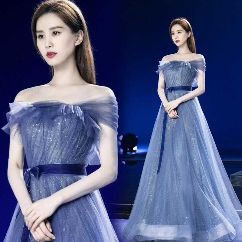 刘诗诗明星同款蓝色宴会年会表演演出走秀大合唱婚纱晚礼服17608