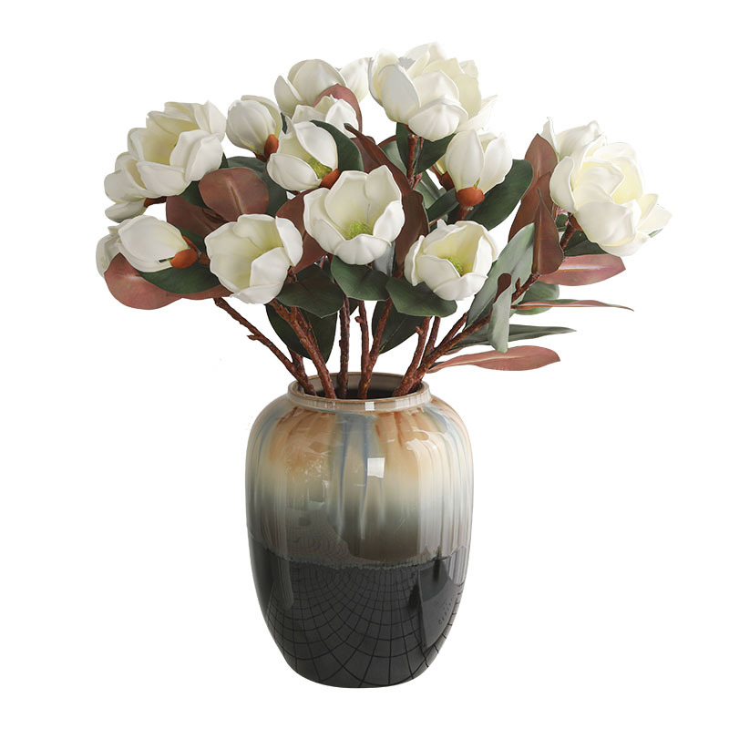 Living Room Dining Table Decoration Artificial Hand Feeling Magnolia Artificial Flower Chinese Zen Flower Arrangement Artificial Colorful Magnolia with Leaves