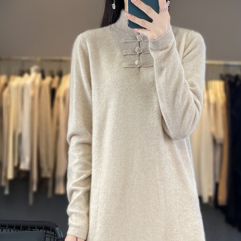 2023 Autumn and Winter New Stand Collar Solid Color Retro Buckle 100% Pure Wool Dress Women's Knitted Casual Straight Skirt