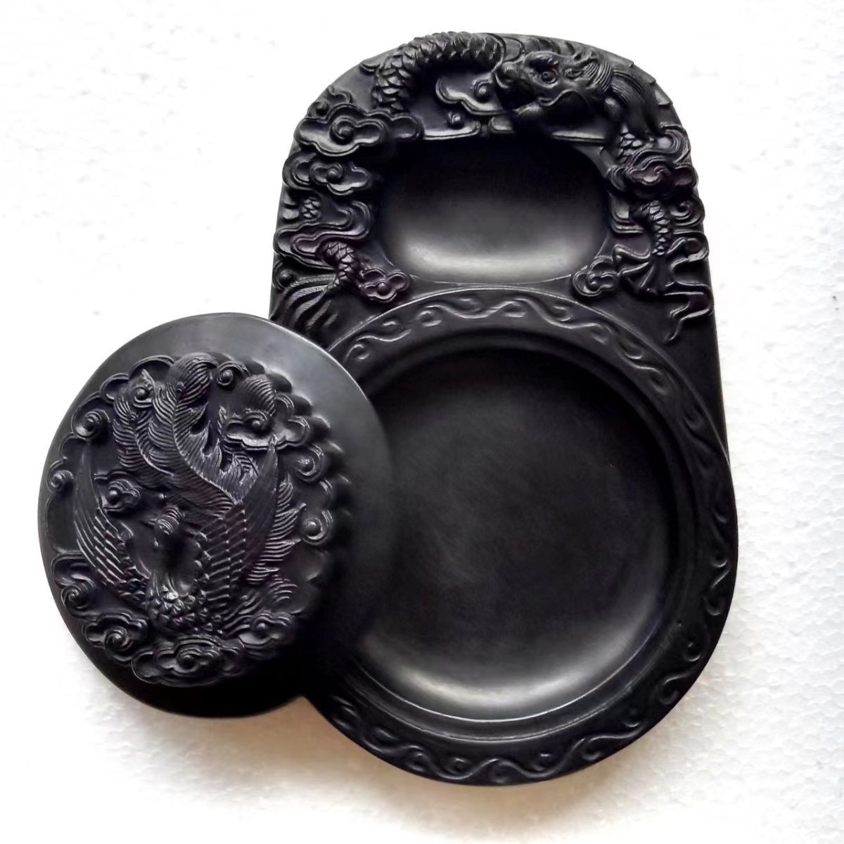 澄泥砚台清仓文房四宝纯手工墨盒龙凤带盖促销墨砚台龙凤呈祥清集