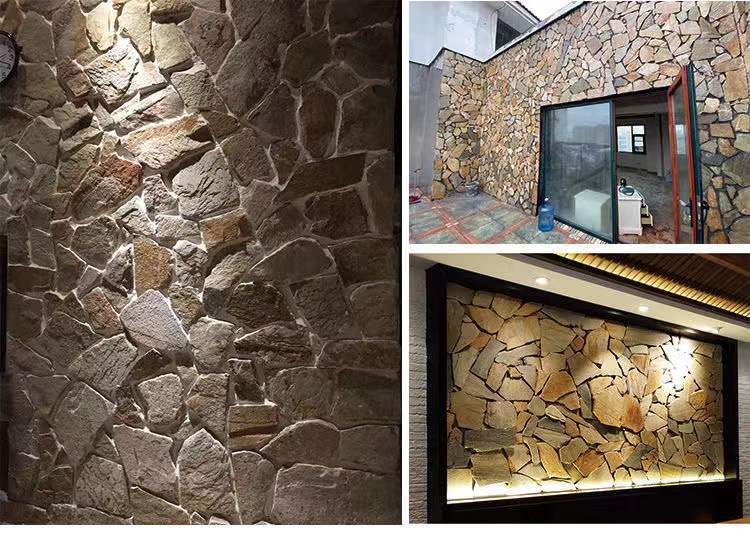 天然乱形碎拼石文化石不规则毛石片石铺地青石板岩虎皮黄木纹地砖