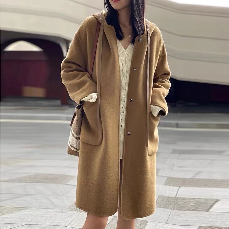 双面羊绒大衣女21秋冬新款连帽拼皮宽松长款暗扣休闲羊毛毛呢外套