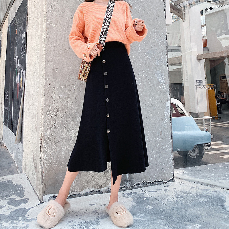 Skirt Women's Autumn and Winter A- line Skirt Mid-Length High Waist Black Winter Skirt Big Hem Umbrella Skirt Long Knitted Skirt