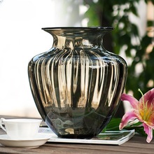 创意复古纹理玻璃花瓶原色条纹反口南瓜花瓶欧式客厅摆件人工吹制