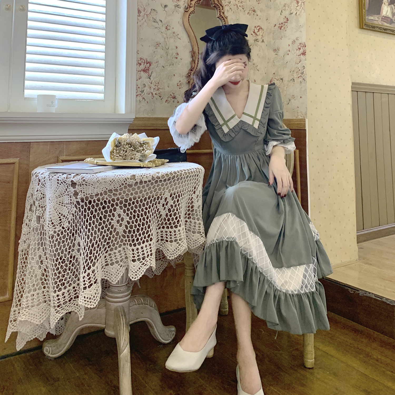 法式桔梗连衣裙御姐轻熟风气质修身荷叶边宫廷风裙子法式复古小众