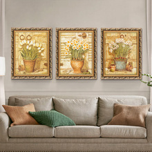 美式复古装饰画客厅沙发背景墙三联挂画欧式餐厅植物花卉组合壁画
