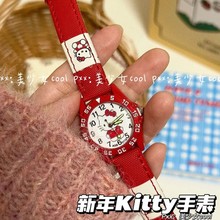 复古红色时尚创意卡通Kitty猫表皮带表潮流百搭学生儿童手表女表