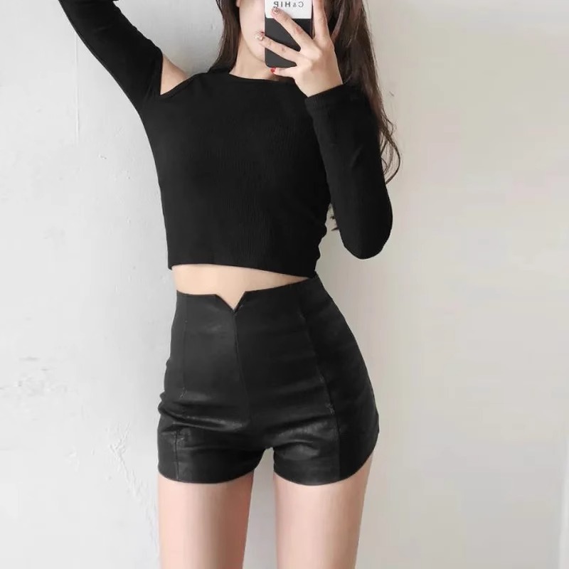 Black Leather Shorts Women's 2023 Autumn and Winter plus Size Plump Girls Wide-Leg Pants High Waist Slimming A- line Pants Casual Base Bootcuts