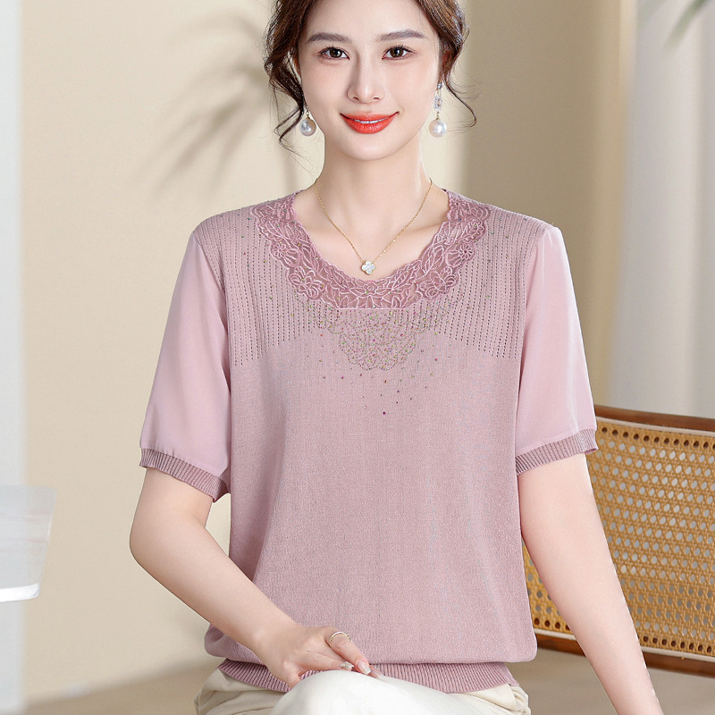 新款女式女装气质短袖t恤针织薄小衫女式夏装冰丝蕾丝领上衣-阿里巴巴