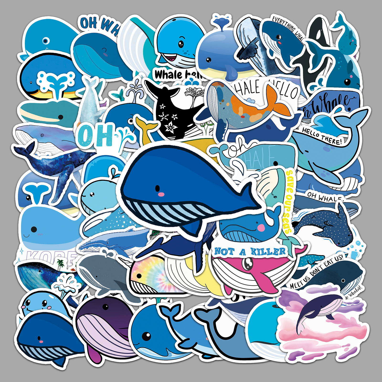 50张鲸鱼涂鸦贴纸 卡通海洋生物儿童diy滑板车行李箱贴纸批发