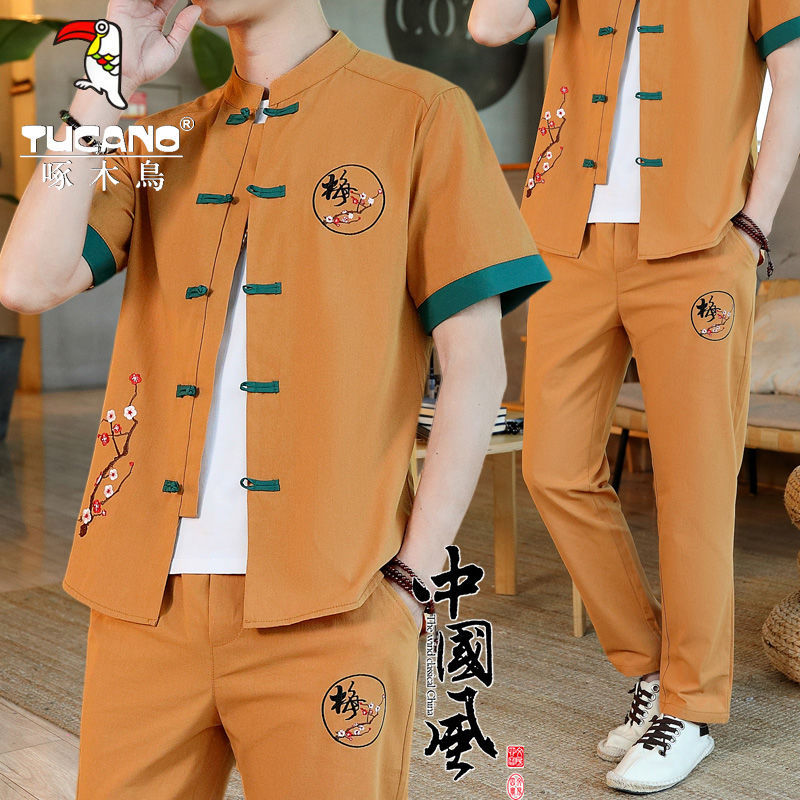 啄木鸟中国风男装夏季薄款汉服棉麻套装男新中式唐装男士短袖t恤