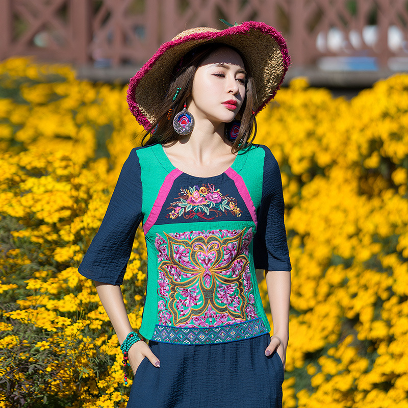 春夏秋装新款云南少数民族女装复古文艺刺绣苗绣短袖衬衫小衫上衣