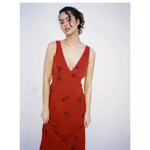 高品质Re 2024夏季新款女 双层丝连衣裙红色V领性感真丝气质长裙