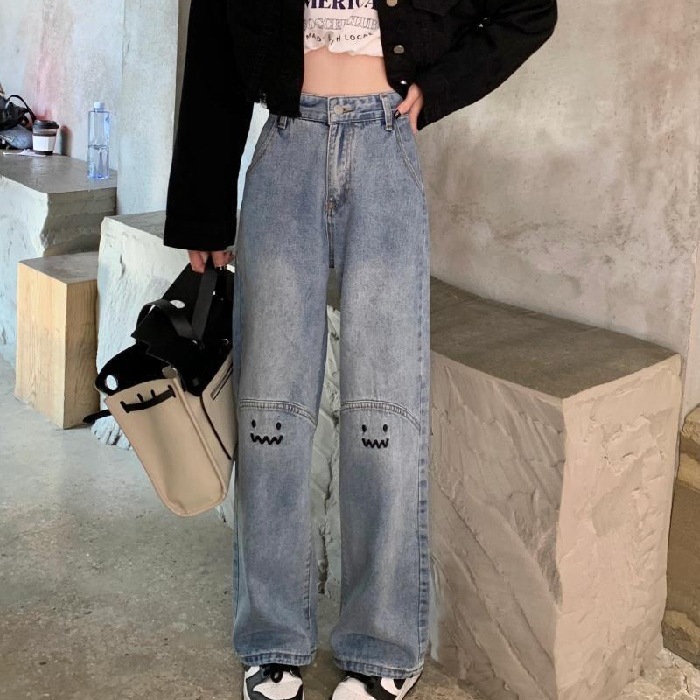 Straight-Leg Pants Wide-Leg Pants Embroidered Mop Gradient Jeans Women's Summer 2023 New Summer High Waist Trousers