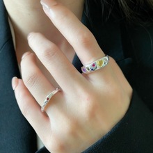 甜美彩色爱心锆石戒指女百搭时尚个性开口指环时尚网红文艺食指戒