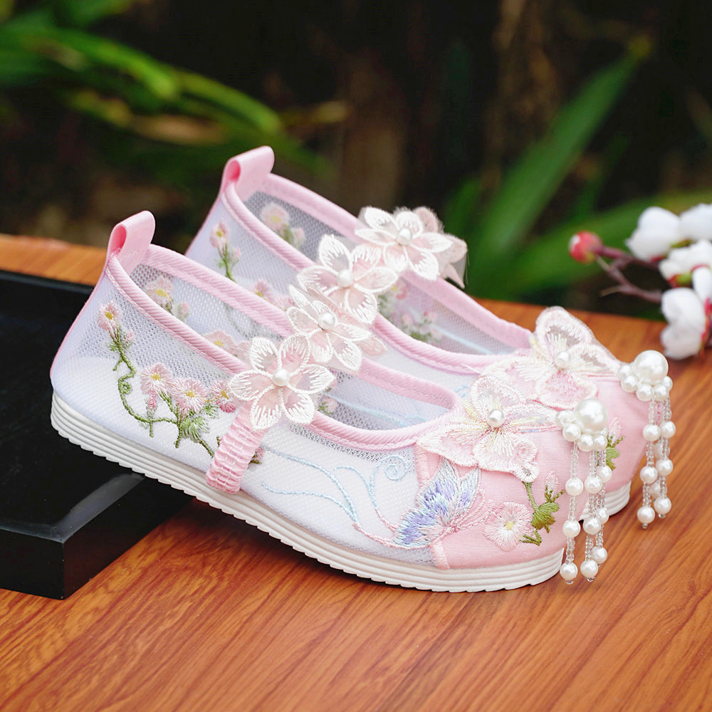 夏季汉服鞋子女童儿童古装绣花布鞋古风古装宝宝公主网纱网鞋表演