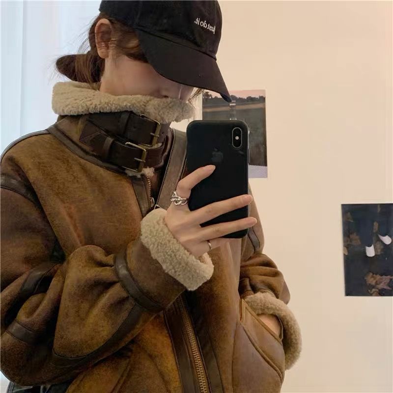 Suede Coat Lamb Wool Women's Winter Thickened Motorcycle Clothing Loose Lapel Fur Integrated Zipper Jacket Women's Top