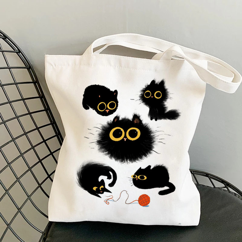 可爱手提袋动物黑猫印花帆布袋生态手提包印花帆布大容量新款文艺