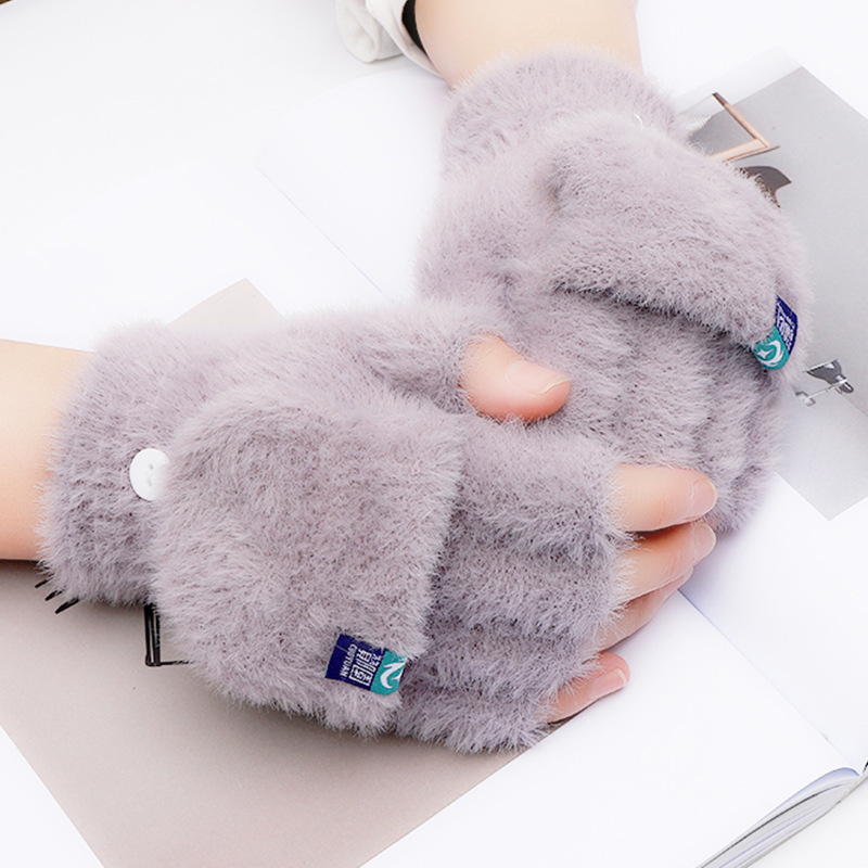 Student Finger Exposed Flip Gloves Outdoor Gloves Thickened Cold Protection Internet Popular Plush Gloves Female Winter Protection