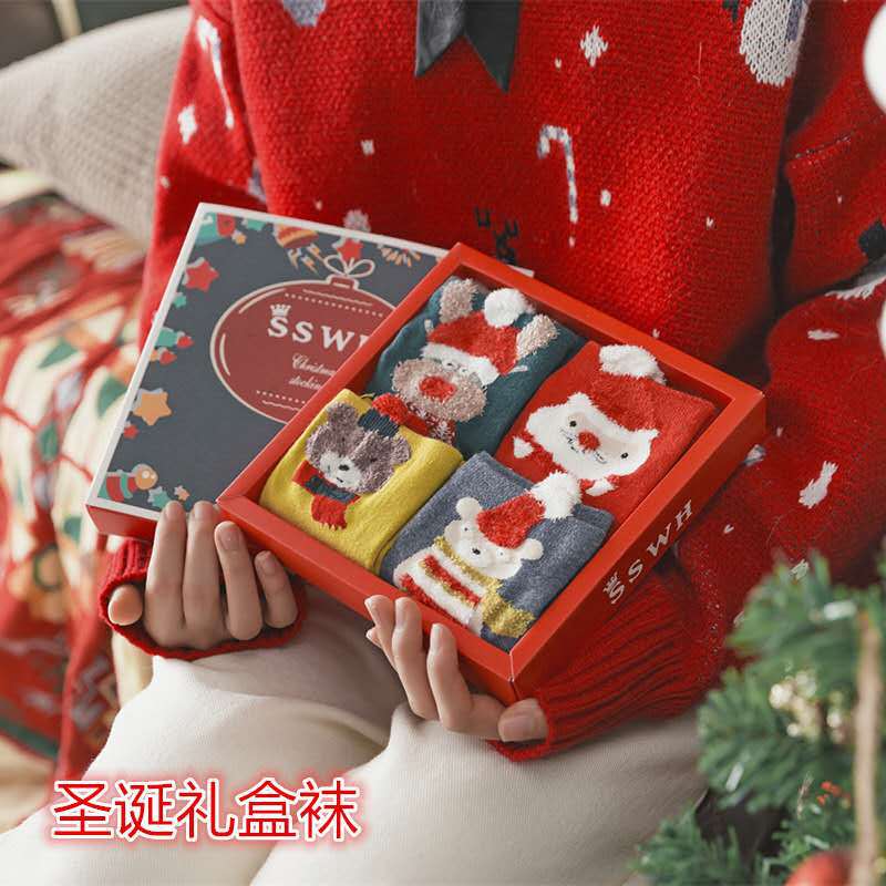 Cross-Border Autumn and Winter New Red Christmas Stockings Gift Box Cartoon Cute Mid-Calf Length Socks Children Cotton Sock Christmas Stockings Boxed