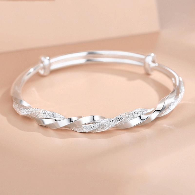热卖 银手镯女999纯银年轻款时尚磨砂麻花交织足银镯子送女友现货
