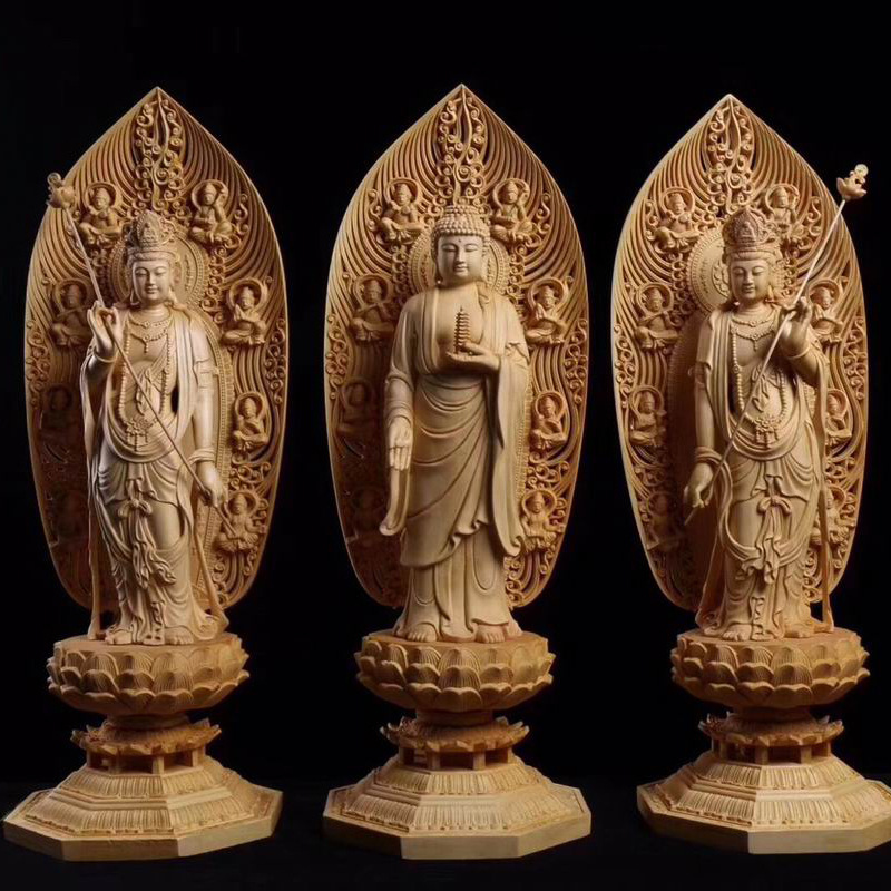 黄杨木东方三圣佛像木雕药师佛日光月光菩萨站立雕刻雕刻佛堂