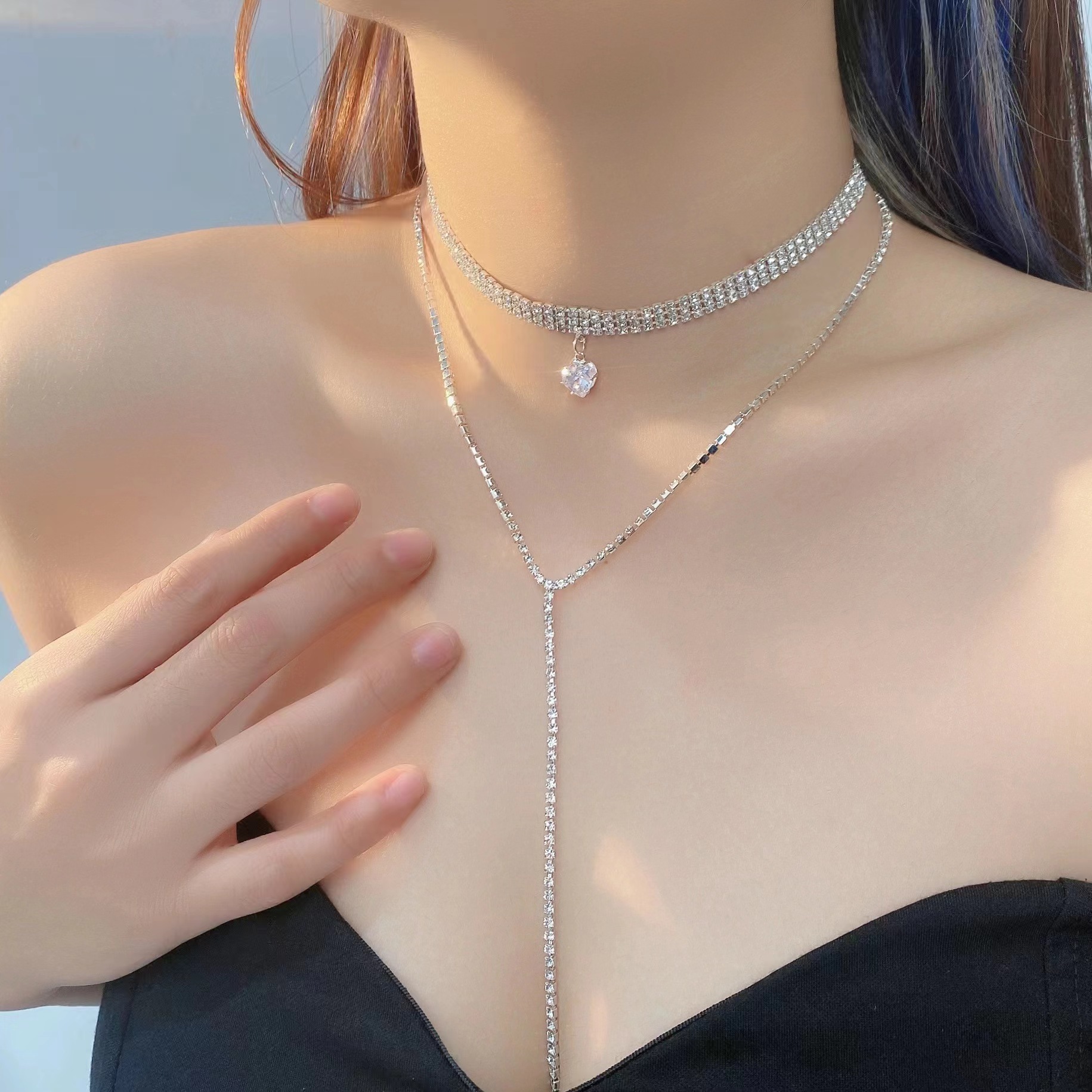 双层流苏项链女双层叠戴蛇骨链项链女简约百搭爱心吊坠项链锁骨链