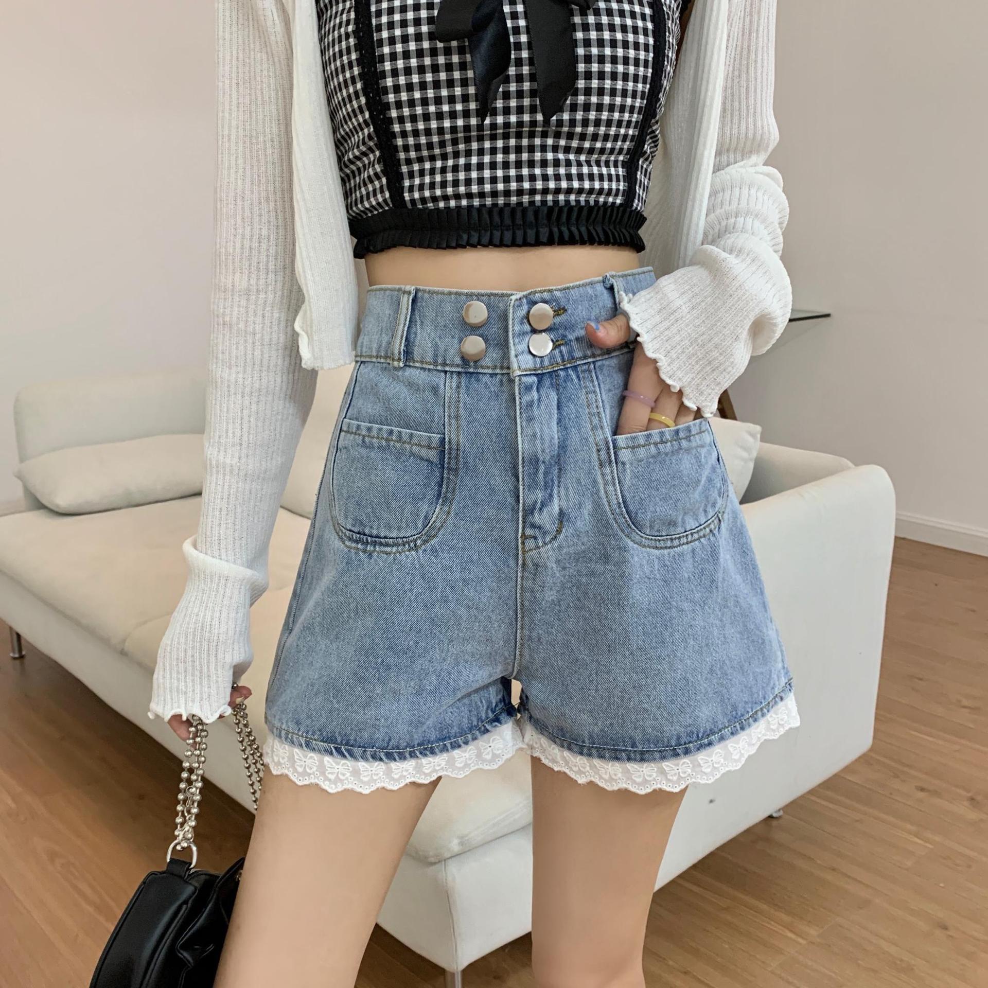 高腰少女蕾丝花边牛仔裤女夏季阔腿短裤甜辣热裤辣妹裤子薄款宽松