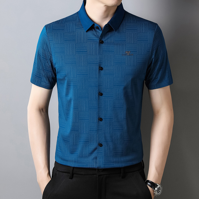 夏季男士短袖衬衫中年男款无痕免熨抗皱高弹衬衣印花格子一件代发