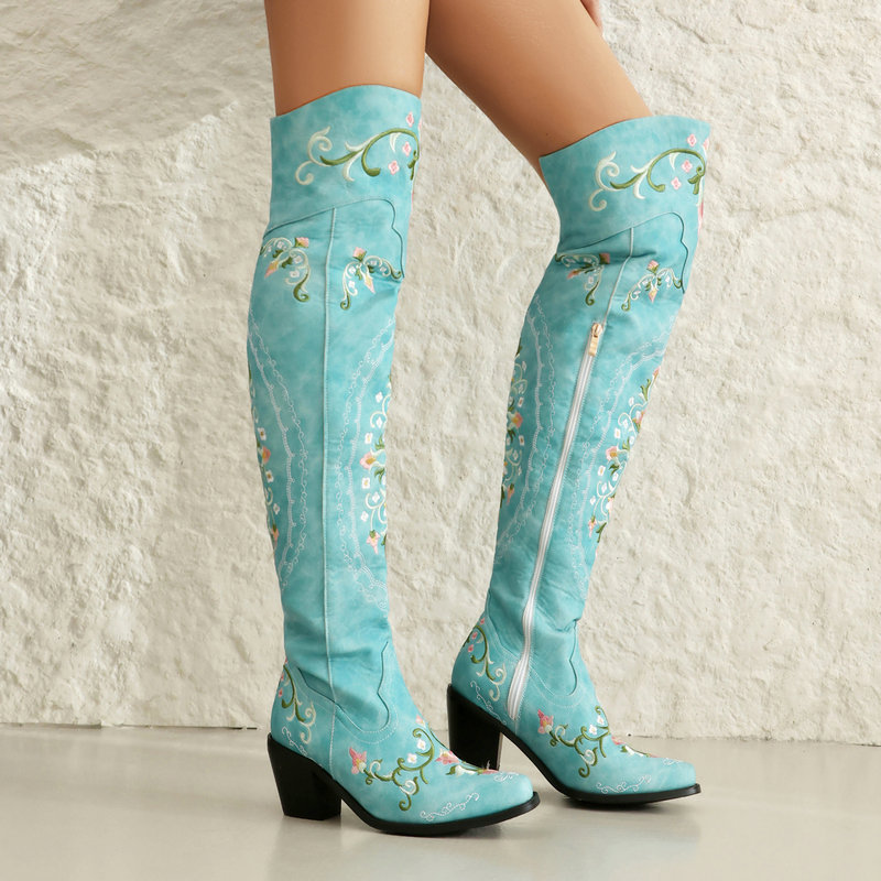西部牛仔靴过膝靴女秋冬新款欧美刺绣粗跟时装秀长筒高跟骑士靴