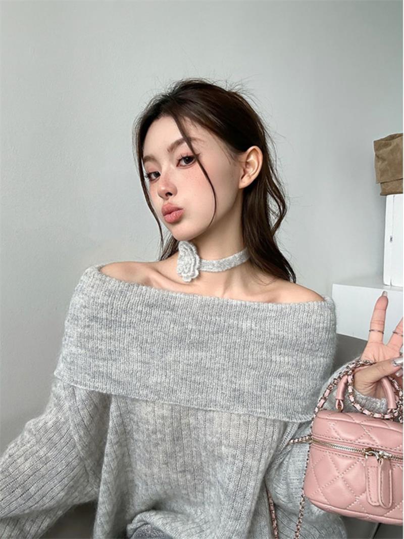 1成交94件广州市江流儿服饰有限公司3年纯欲露肩一字肩v领针织衫女