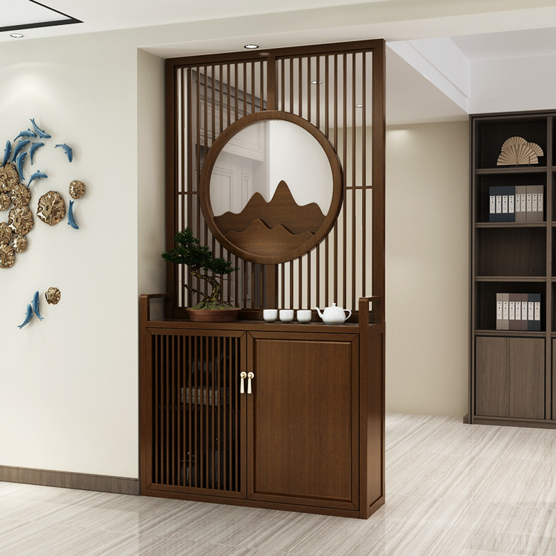 新中式实木屏风隔断柜入户储物鞋柜一体家用遮挡玄关边柜简约现代