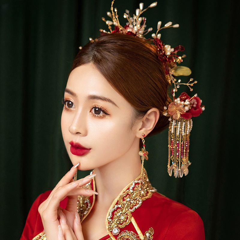 秀禾头饰新娘中式婚礼大气红色绒花流苏凤冠结婚发饰女秀泰酷斯拉