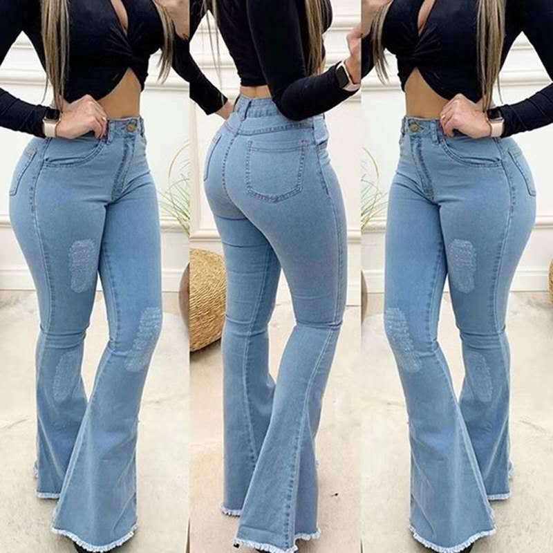   Exclusive for Cross-Border Wish Amazon Hot Selling Women's Jeans Solid Color Slim Fit Sexy High Waist Flared Pants Women's Pants