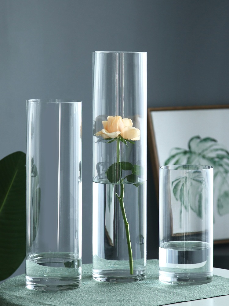 北欧白色圆形透明落地转运竹圆柱直筒大花瓶插花玻璃批发水培器皿
