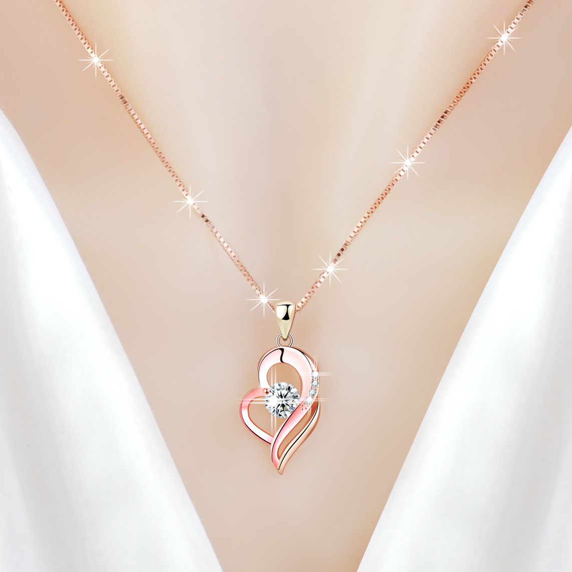 925纯银镀18k玫瑰金项链女气质时尚彩银锁骨链轻奢简约百搭银饰品