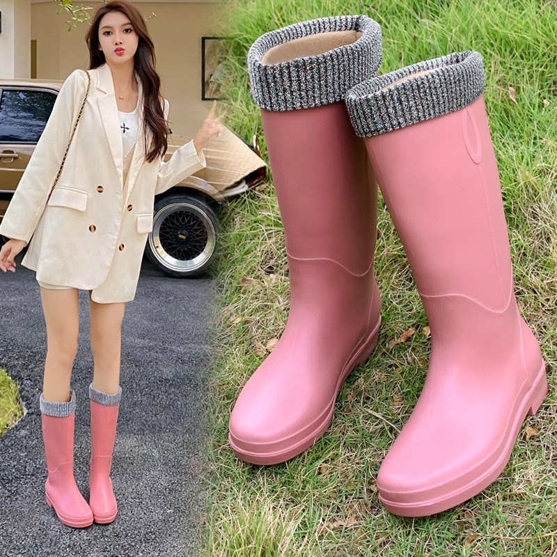 Japanese Knee-High Rain Boots Women's Fashion Outerwear Fleece-Lined Non-Slip Waterproof Rain Boots PVC Frosted Rubber Shoes Shanghai Double Money