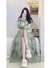 2023年新款春装法式小香风长裙高端精致显瘦绿色碎花连衣裙子女装