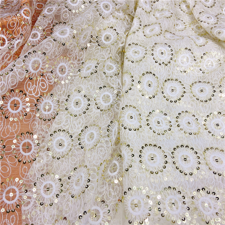 水溶蕾丝花边面料网纱刺绣金色亮片125cm水溶绣花布 蕾丝绣花面料