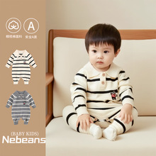 nebeans秋季新品婴幼儿连身衣长袖毛线哈衣条纹POLO绅士宝宝衣服