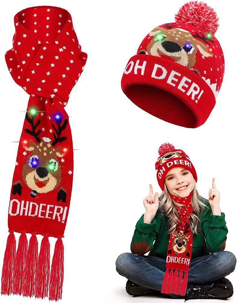 2023 New Jacquard Led Luminous Christmas Hat Scarf Set Autumn and Winter Holiday Pattern Multicolor Jacquard Spot