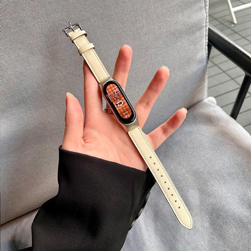 适用小米手环5腕带3/4/5/6nfc版真皮替换手表带男女生个性表链六