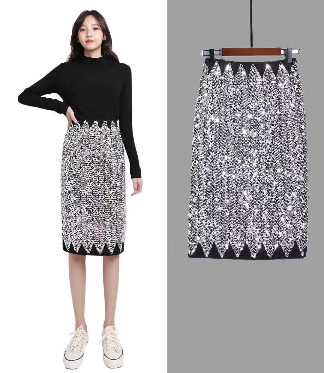 亮片半身裙欧美弹力彩色珠片包臀裙中长款弹力一步铅笔裙包裙中裙